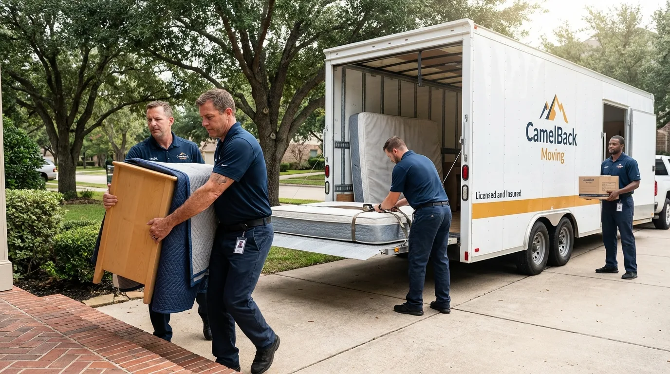 Crew loading residential truck for cross-state move from Clyde, TX