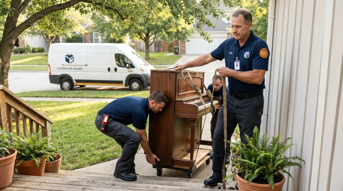 Licensed piano movers securing grand piano in Clyde, TX