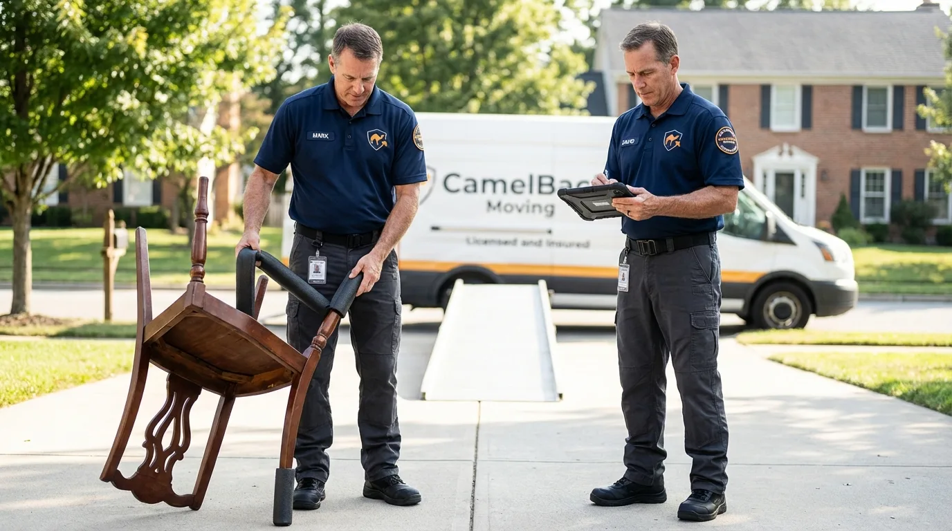 Movers inspecting furniture for damage prevention before loading in Clyde, TX