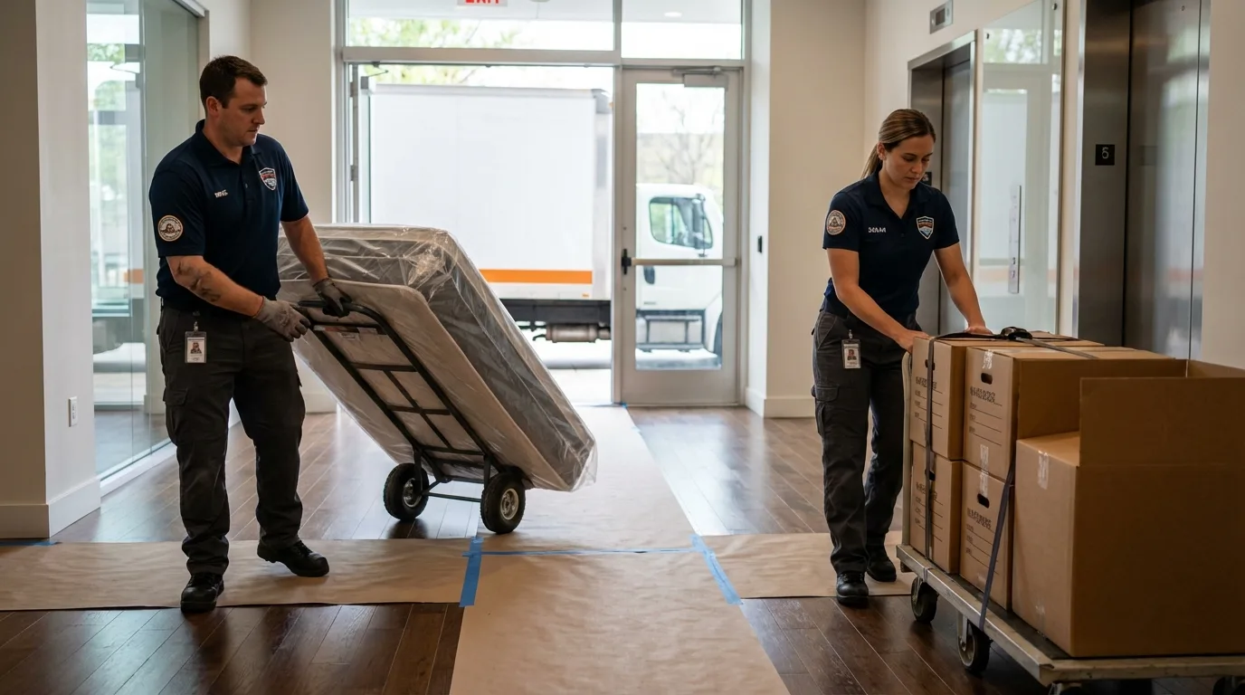 Professional apartment movers loading elevator in Clyde, TX